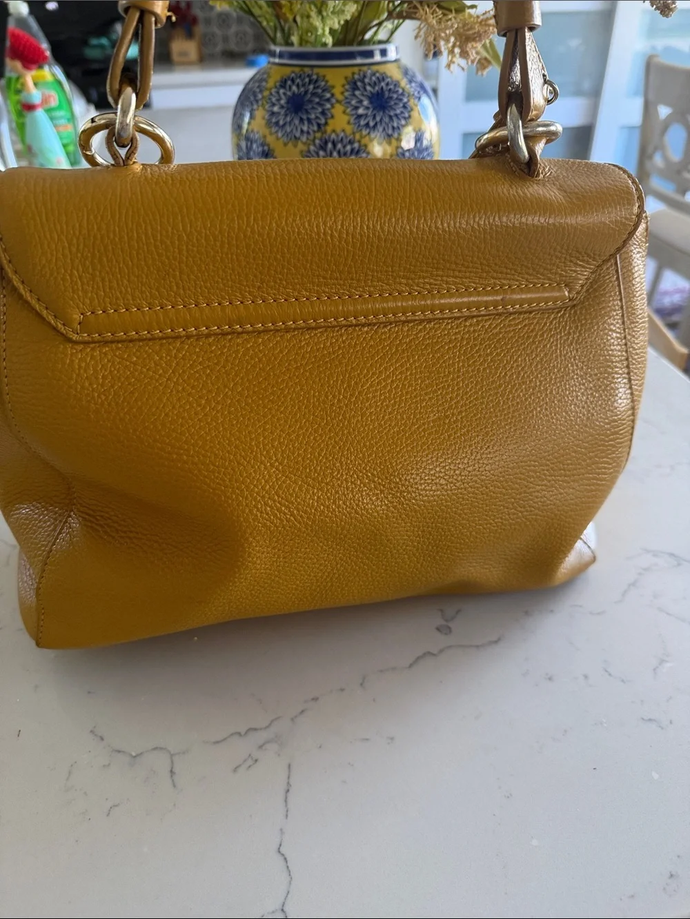 Versace Collection Mustard Yellow Leather Satchel with Gold Chain